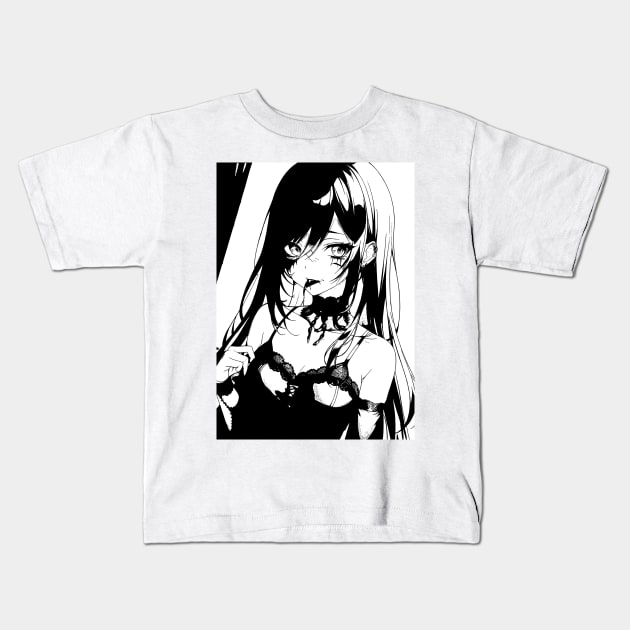 Black & White Long Haired Anime Girl Kids T-Shirt by DeathAnarchy